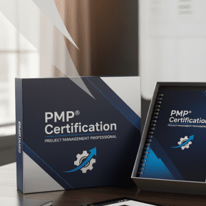 A PMP Certification product box and its contents are displayed on a wooden office desk. The open box reveals a branded spiral notebook, a USB drive, and several professional cards. In the foreground, a tablet, a stylus, and a steaming cup of coffee are visible, with a blurred office background.