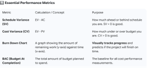 A table summarizing essential project performance metrics—Schedule Variance (SV), Cost Variance (CV), Burn Down Chart, and Budget at Completion (BAC)—with their formulas and purposes in project management.