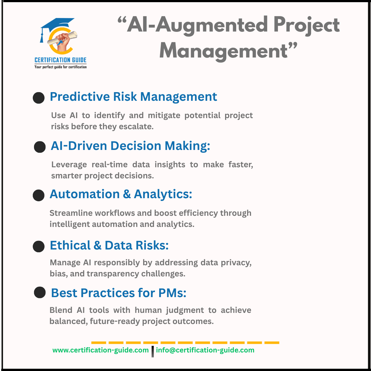AI-Augmented Project Management best practices infographic for PMP online training – covering predictive risk management, AI decision-making, and automation.