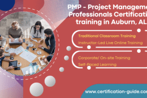 “PMP Certification Training in Auburn AL – professionals collaborating in a project management workshop showing classroom, online, corporate, and self-paced PMP training options.”