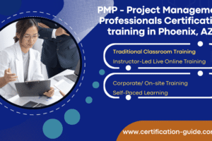 Professional team reviewing project documents during PMP Certification Training in Phoenix, AZ with options for classroom, online, corporate, and self-paced learning by Certification Guide