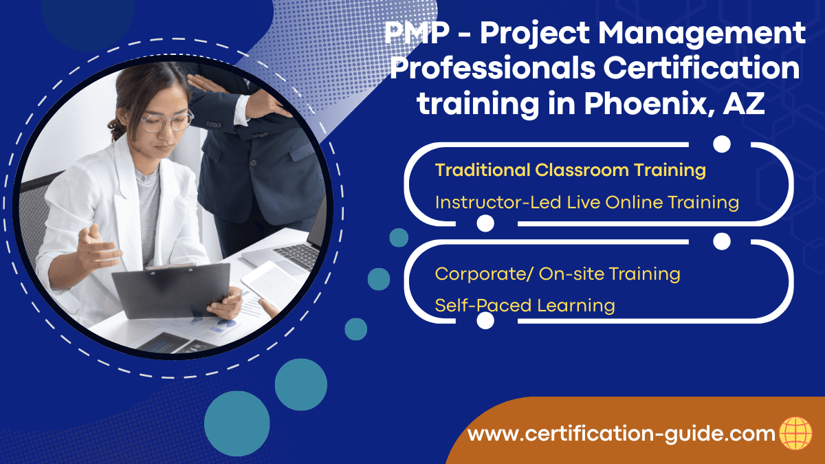Professional team reviewing project documents during PMP Certification Training in Phoenix, AZ with options for classroom, online, corporate, and self-paced learning by Certification Guide